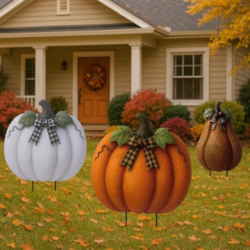 3 Pcs Fall Outdoor Decor Pumpkin Garden Stakes 3D Vintage Signs - Image 5