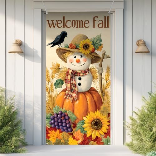 Welcome Fall Door Cover 35.4x70.8in, Autumn Harvest Scarecrow Pumpkin Sunflower Front Porch Banner, Rustic Thanksgiving Halloween Backdrop for Indoor Outdoor Home Yard Wall Decorations - Image 5