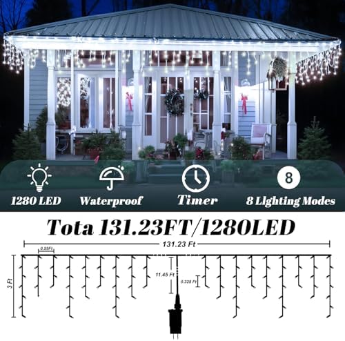 131FT Outdoor Icicle Lights Cold White- Waterproof Christmas Curtain Lights, 8 Modes Twinkle Function for Patio, Wedding, Holiday, Party Decorations(Cool White) - Image 6