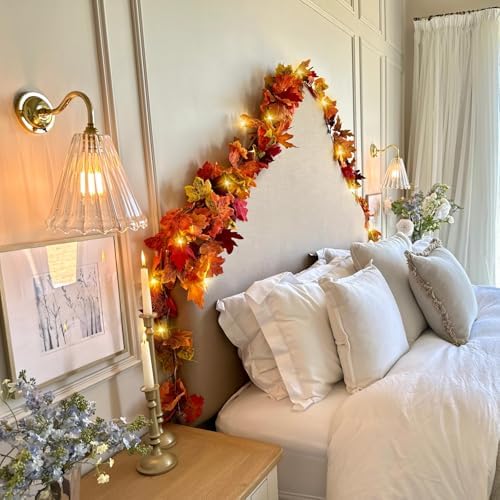 CQURE 6 Pack Fall Leaf Garland with Lights,Fall Decor Halloween Lights Artificial Maple Leaves Autumn Garland Hanging Vines Thanksgiving Decor for Home Christmas Autumn - Image 4