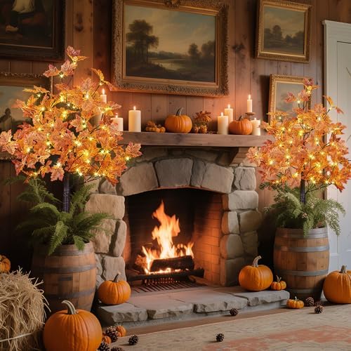 LIGHTSHARE 2PCS 4FT 144LED(72LED Each) Artificial Lighted Maple Tree Warm White Halloween Fall Decorations Indoor Outdoor, Orange - Image 3