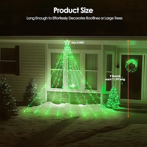 WBao 344 LED Christmas Lights Outdoor Decorations with 12" Star Topper, 11.9ft Waterfall Christmas Lights, Remote Control 8 Modes, 3 Timers, UL Listed Waterproof for Tree Roof Porch Xmas Decor, Green - Image 6