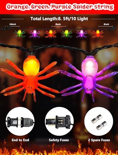 Halloween Spider String Lights Outdoor, 8.5Ft Halloween Decorations Lights with 10 LED Orange Green Purple Spider Lights, Hanging Multicolor Spider Light for Indoor Window Patio Curtain Holiday Decor - Image 2