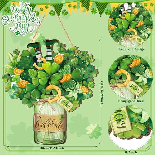 Boao Welcome St. Patrick's Day Door Hanger Shamrock Wooden Hanging Sign - Image 2