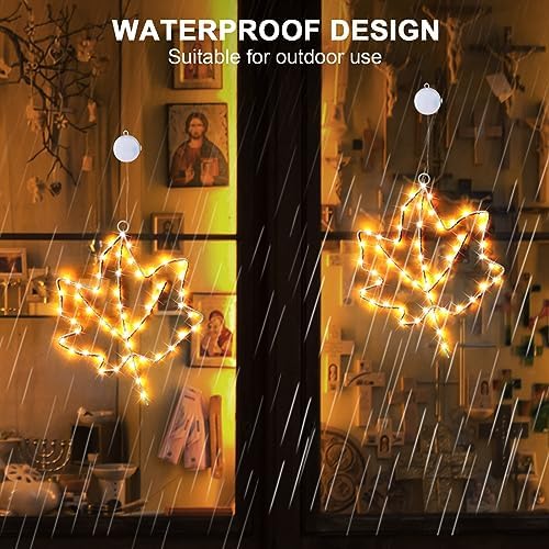 (New) Cerflyer Fall Decoration, Thanksgiving Window Lights with Suction Cup, Metal Frame Maple Leaf Silhouette Lights for Window Wall Home Fall Thanksgiving Décor, Battery Operated - 3 Pack - Image 6