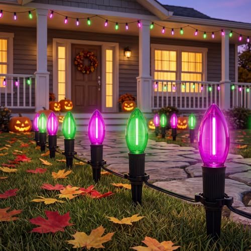 19.5FT Halloween Pathway Lights, 10 Green and Purple C9 LED Stake Lights by Abeja