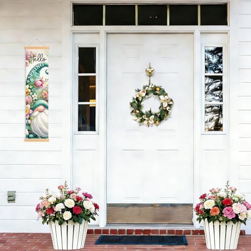 Hello Spring Porch Banner, Watercolor Tulip and Green Hat Gnome Hanging Door Banner, Seasonal Banners, Indoor Outdoor Home Farmhouse Rustic Decor, Wall Hanging Decor Party Supplies - Image 5
