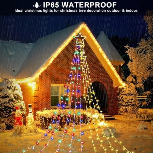 Christmas Decorations Star String Lights, 320 LEDs Outdoor Waterfall Tree Lights with 13" Topper Star, Plug in Waterproof Hanging Fairy Lights for Xmas New Year Holiday Party Yard Decor - Image 2