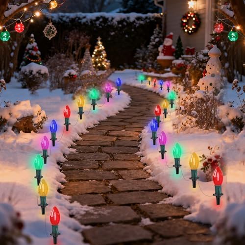GOOTHY C9 LED Christmas Pathway Lights Outdoor 38Ft 25 LED C9 Multicolor Bulbs Christmas Pathway Stakes Lights, Connectable Outdoor Walkway Lights for Yard Patio Sidewalk Driveway Garden Lawn Decor by Goothy