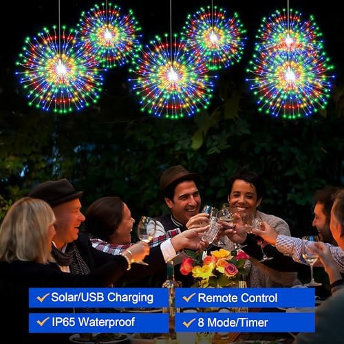 Solar Christmas Firework Lights Outdoor, 5 Pack 1000LED Solar Starburst Lights with Remote, 8 Modes Dimmable Waterproof Hanging Fairy Lights for Garden, Patio, Holiday Christmas Decor (Multicolor) - Image 3