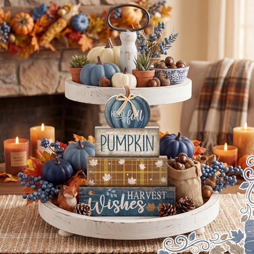 Lineshading 4 Pcs Blue Pumpkin Wooden Block Signs Fall Farmhouse Decor - Image 4