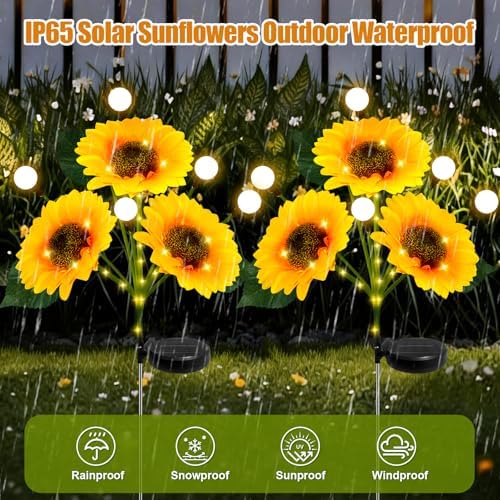 Sunflower Solar Lights Outdoor, 2 Pack Sunflowers with Firefly Lights, Waterproof Solar Flower Lights with 1000mAh Battery for Patio Porch Lawn, Gifts for Mom Women Grandma, Yard Decorations Outdoor - Image 4
