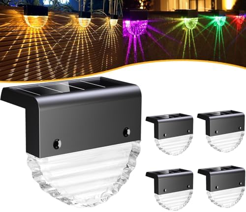 CREATESTAR Solar Fence Lights, Outdoor Deck Lights Solar Powered, IP65 Waterproof Solar Step Lights for Outside, Patio, Stairs, Garden, Pathway Decor, Warm White/Color Changing Lighting, 4 Pack by CREATESTAR