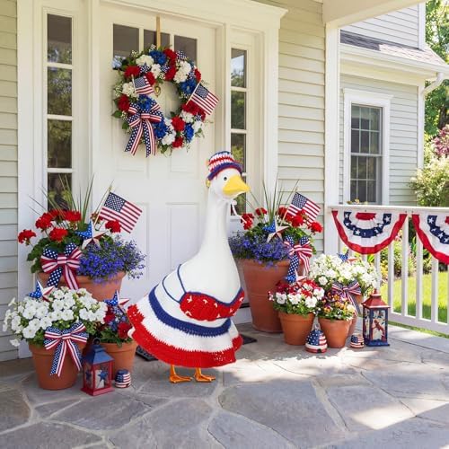Abbylike 4th of July Bikini Porch Goose Outfit Patriotic Crochet Clothes Red White Blue Geese Summer Costume Fits 23'' Cement Statue for Independence Day Lawn 250th Outdoor Patio Art Decor - Image 5