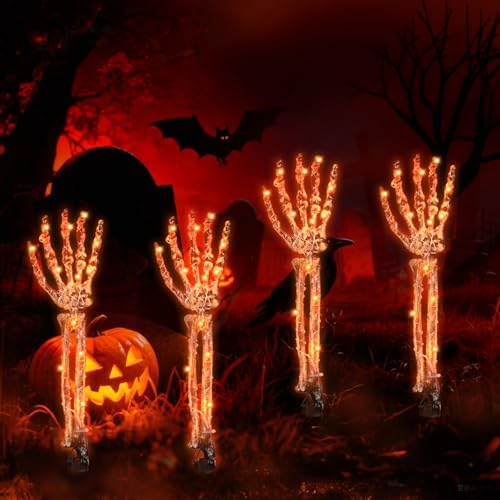 Halloween Decorations Outdoor,Solar 4 Pack Light Up Skeleton Arm Decorations,120 LED Purple & Orange Lights with 8 Modes,Halloween Skeleton Arm String Lights for Porches Yards Gardens Lawn by BomKra