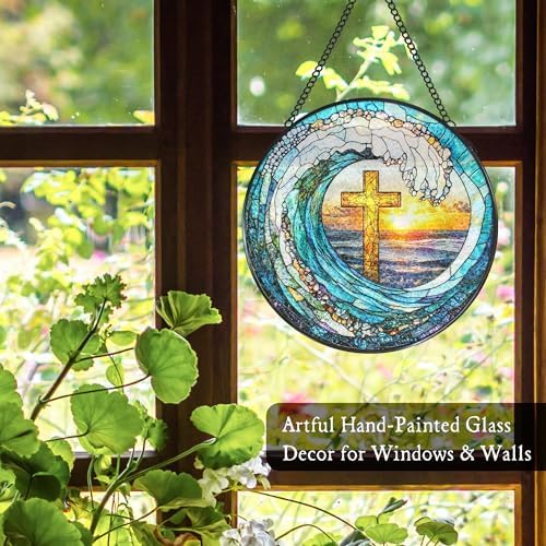 Cross Coastal Ocean Stained Glass Window Hanging Suncatcher, Christian Beach Wave Sun Catcher Indoor Window Decor Gifts, Religious Painted Glass Round Wall Hanging Decorations 7.8x7.8 in - Image 4