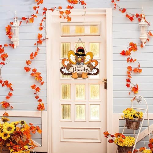 Thanksgiving Turkey Door Sign Decor, Give Thanks Wooden Wreath for Front Door Hanger, Yard Farmhouse Home Gobble Sign, Thankful Wreath Rustic Autumn Harvest Thanksgiving Party Decor - Image 4
