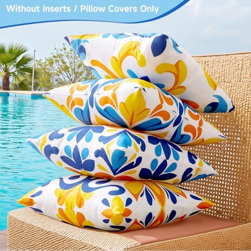 Blue and Orange Outdoor Floral Pillow Covers 18x18 Set of 4 Waterproof, Mediterranean Decor Accent Porch Throw Pillows 18 x 18, Fade Resistant Waterproof Outdoor Pillows for Patio Furniture - Image 6
