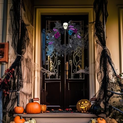 GarveeLife Halloween Skull Wreath for Front Door with Lights, 20 in Pre-Lit Black Purple Rose Spider, Gothic Garland Creepy Decor for Home Wall Porch Outdoor Indoor - Image 6