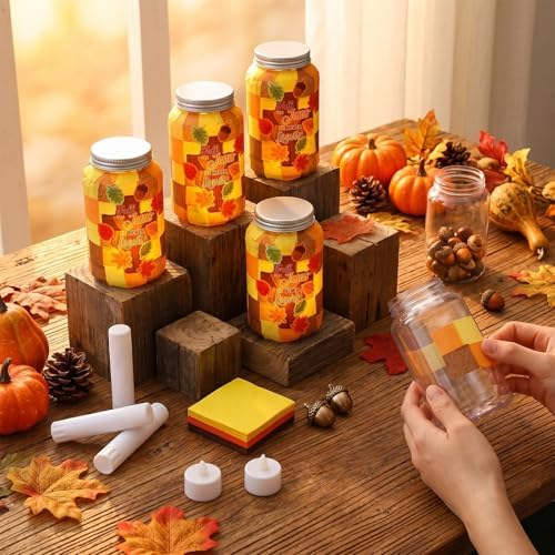 Qinyoung 12 Pcs Fall Christian Crafts Maple Leaf Mason Jar with LED - Image 3