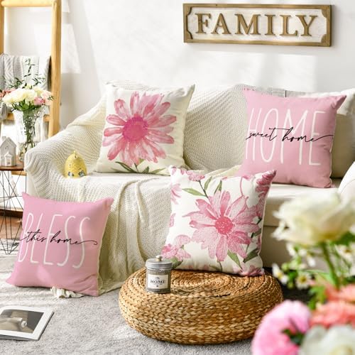 AVOIN colorlife Home Sweet Home Spring Summer Flowers Pink Throw Pillow Covers, 18 x 18 Inch Cushion Case for Sofa Couch Set of 4 - Image 2