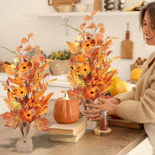 YLOLUL 2 Pcs 22 Inch Artificial Fall Tree Tabletop Decorations, Fake Berry Maple Leaf Thanksgiving Centerpieces for Table, Autumn Harvest Wedding Holiday Party Home Fireplace Mantle Decor - Image 5