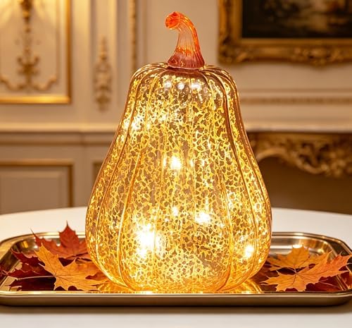 Fall Decorations for Home,Mercury Glass Pumpkin Lights with Timer(Rosegold) by CFDECORCandlesandHolders