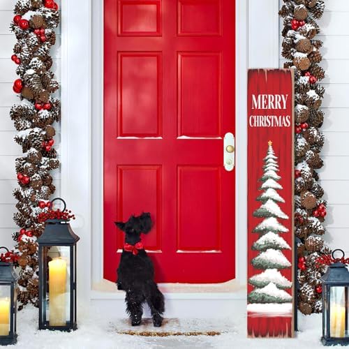 Christmas Porch Sign Christmas Tree Welcome Sign For Front Porch Xmas Snow Red wood grain Home Decor Indoor Outdoor Wooden Vertical Sign For Patio Front Door Porch Wall Yard - Image 7