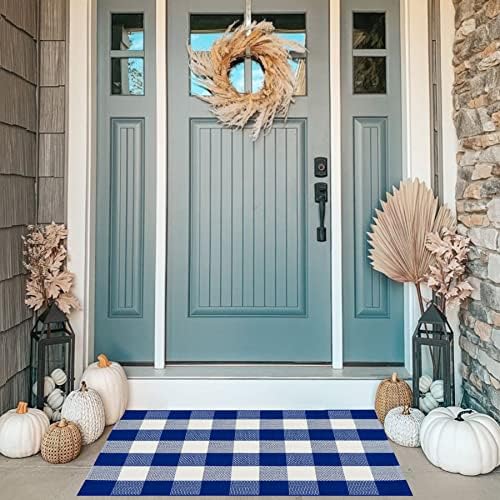 MUBIN Cotton Blue White Plaid Rug, 27.5''x 43'' Checked Outdoor Rug Front Door Decorative Mat, Hand-Woven Washable Reversible Foldable Rug for Front Porch, Entryway (43''L x 27.5''W, Blue White Plaid) - Image 4