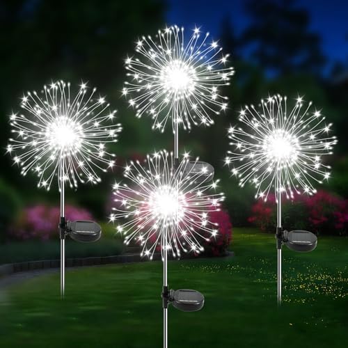 Solar Garden Lights Outdoor, 4 Pack 120 LED Twinkling Firework Lights Decorative with 2 Modes, Outdoor Waterproof Solar Starburst Light for Yard Pathway Planter Patio Decor, White by Unknown