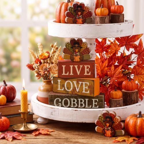 Lineshading 4 Pcs Thanksgiving Wooden Block Signs Turkey Tiered Tray Decor - Image 4