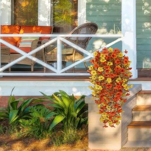 4 Pcs Artificial Mums for Outdoors Hanging Fall Flowers Faux Silk Daisy Flowers Autumn Decoration Orange Yellow Fake Plants Eucalyptus Realistic for Outside Home Indoor Planter Porch Yard Decor - Image 6