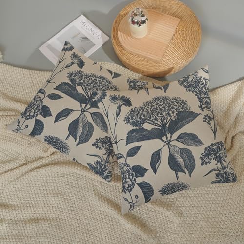Navy Blue Pillow Covers 16x16 Inch 2 Pcs Boho Vintage Floral Decor Throw Pillows Hydrangea Flower Seasonal Outdoor Farmhouse Neutral Accent Decoration Pillowcase Linen Cushion Cover for Couch - Image 5