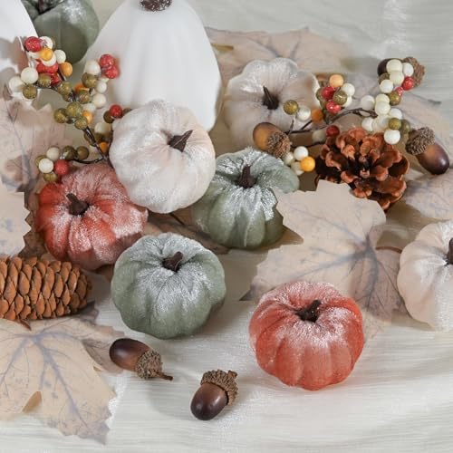 Artmag 25 PCS Pumpkin Decor Set, Artificial Fabric Pumpkins Decor with Acorns, Pinecones, Berries, Maple Leaves for Fall Halloween Thanksgiving Decorations Home Table - Image 3