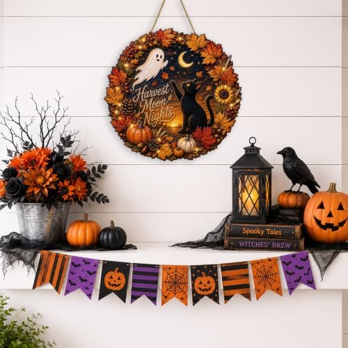 Halloween Harvest Moon Nights Fall Wreath Sign, Black Cat Ghost Wood Decor - Image 6