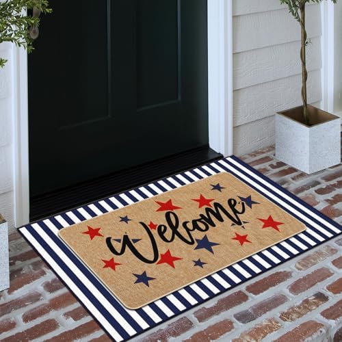 Tinideya 2 Pcs 4th of July Door Mat Outdoor Patriotic 250th Anniversary Welcome Doormat for Front Door Linen Rubber Layered USA Red White Blue Rug Nonslip Independence Day Decor for Porch Entryway - Image 5