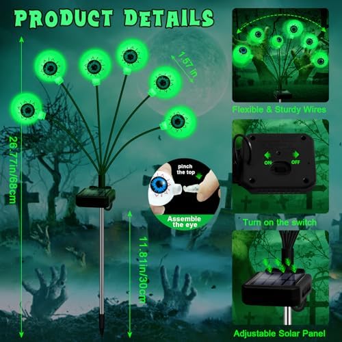 ZFNN Solar Halloween Decorations, 4 Pack 24 LED Spooky Eyeball Lights, Outdoor Waterproof Solar Green Firefly Lights for Garden Yard Patio Pathway Lawn Halloween Party - Image 2