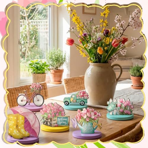 Amyhill 12 Pcs Spring Table Decorations Wooden Tabletop Centerpiece Wooden Table Sign for Tiered Tray Fiesta Carnival Party - Image 6
