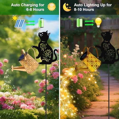 Solar Lights Outdoor, 2 Pack Black Cat Solar Watering Can Lights, Birthday Gifts for Women Mom Cat Lover Mother's Day Christmas, Waterproof Hanging Lantern Garden Decor Outside Patio Yard Pathway - Image 4