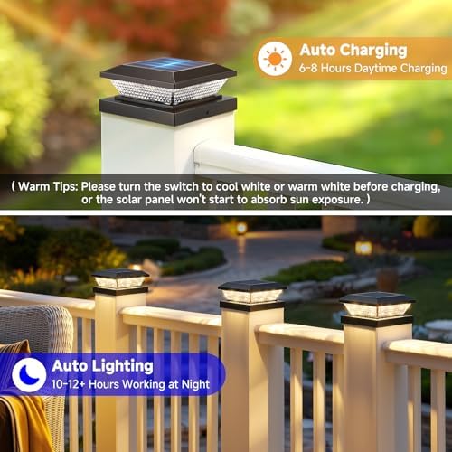 Mlambert 4x4 Solar Post Cap Lights Outdoor 12 Pack, Waterproof Solar Fence Light for Wooden/Vinyl Post, 2 Color Outside Deck Patio Porch Decor, Black - Image 5