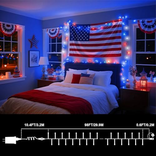 LAMPHOME 99ft 300LED Red White and Blue Patriotic String Lights, 16 Modes Red White Blue LED Lights Plug in, 4th of July Lights Outdoor for Independence Day Memorial Day Patriotic Window Decor - Image 4