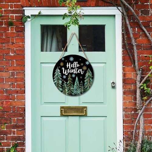 Hello Winter Welcome Sign for Front Door Winter Wreaths Winter Pine Trees Wood Door Hanger for Outdoor Outside Porch Christmas Snowflakes Round Hanging Sign for Home Porch Wall Decoration 12in - Image 6