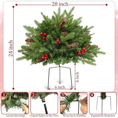 Timer 2 Pack Outdoor Christmas Tree Urn Filler 24 Inch Artificial Xmas Tree withPinecones Red Berries Tripod Stake Warm White & Colorful Lights Battery Operated 8 Mode Porch Decor Pathway Holiday Yard - Image 2