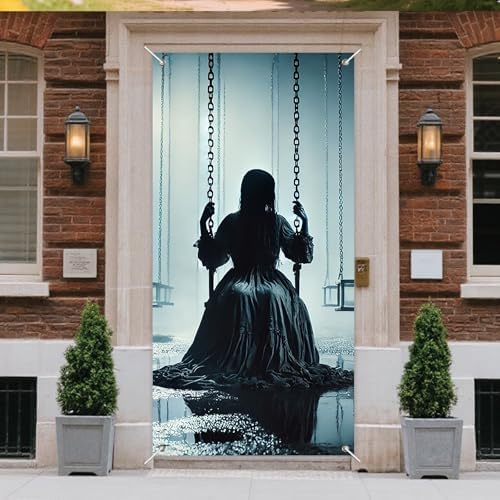 INV Creepy Girl Swing Door Cover 35x71 Inch Double Sided Spooky Haunted House Door Decoration for Halloween Front Door Porch Horror Entryway Indoor Outdoor Scary Decor - Image 2