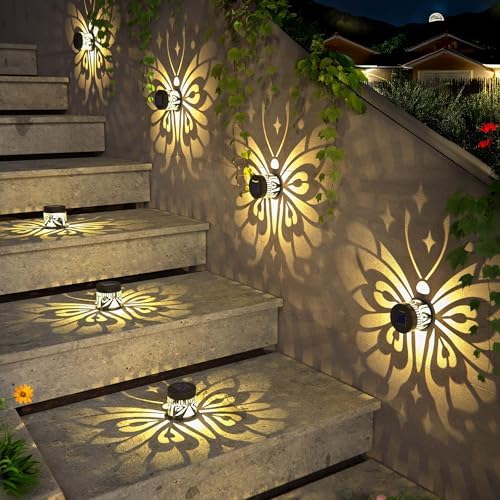 Hapjoy Solar Fence Lights 4 Pack Solar Deck Lamps Outdoor Decorations Powered Step Lights Wall Waterproof LED Warm Decorative Lighting for Garden (Butterfly-Star, 4) - Image 5