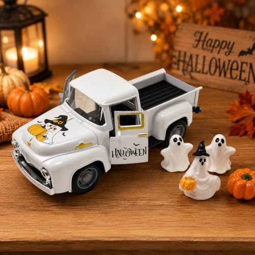 Halloween Vintage Metal Pickup Truck Decor with Ghost and Pumpkin Figurines, 5.7 Inch White Farmhouse Tabletop Decoration, Spooky Halloween Centerpiece for Tiered Tray, Mantel, Shelf and Party - Image 2