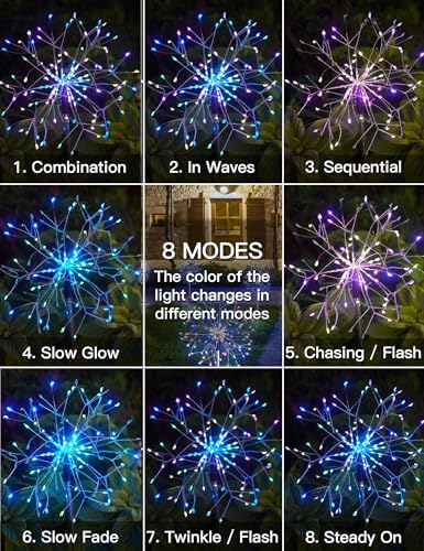 suddus Solar Garden Lights Outdoor Waterproof Decorative, 4Pack 150LED Multicolor Firework Lights 8 Modes, Solar Fairy Lights for Yard, Patio, Pathway, Balcony Planter Flowerbed Party Outside Decor - Image 5
