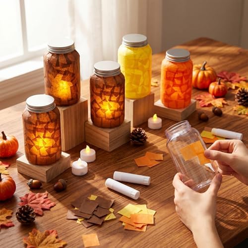 Qinyoung 12 Pcs Fall Crafts Thanksgiving Mason Jar with LED Candle Light - Image 3