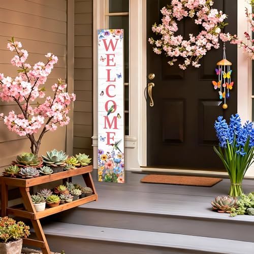 Hummingbird Welcome Sign for Front Door, Fall Porch Sign Tulip Flowers Outdoor Yard Sign Seasonal Tall Floral Welcome Porch Sign Wildflowers Wood Door Sign for Garden Patio Wall Home Decor - Image 4