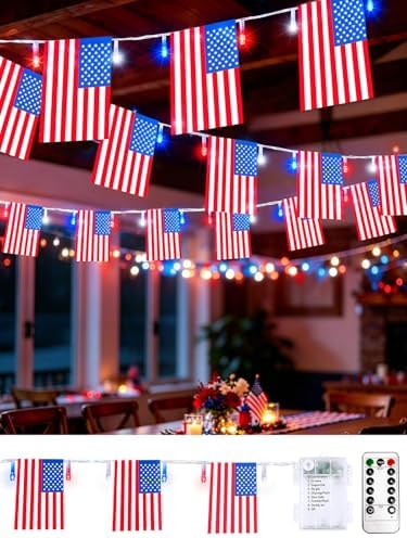 4th of July Lights 2PK Red White and Blue Battery String Lights with Flags by EXF